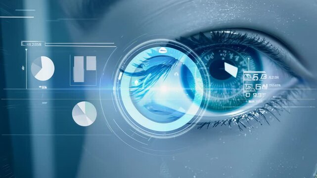Holographic glowing eyes AI computer vision virtual reality eye eyelid lens augmented projection robot humanoid technology tracking smart digital moving retina iris innovation biotechnology science