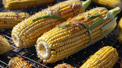 With a sprinkle of seasoning, the corn on the cob grills to perfection, its kernels caramelizing and bursting with sweetness as they cook over the flames, Generative AI