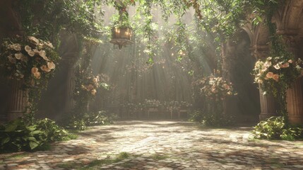 Enchanting Ray Tracing Wedding in a Courtyard Oasis - Concept Art of Cobblestone Paths, Hanging Vines, and Floral Bliss