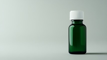 Obraz premium A small green medicine bottle with a white cap, sitting on a pale grey background with open copy space above.