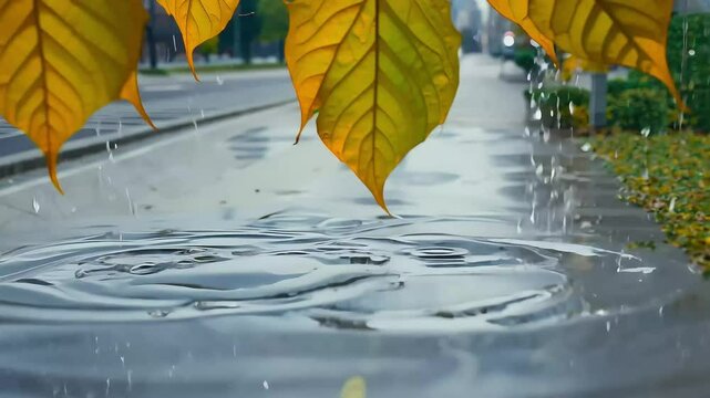 raindrops falling ontopuddle creating beautiful reflections yellow maple leaves city sidewalk autumn atmosphere 4K leaf drop puddle rain colourful dropping fall