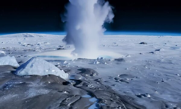 Neptune&rsquo;s moon Triton with geysers erupting from its surface. Video