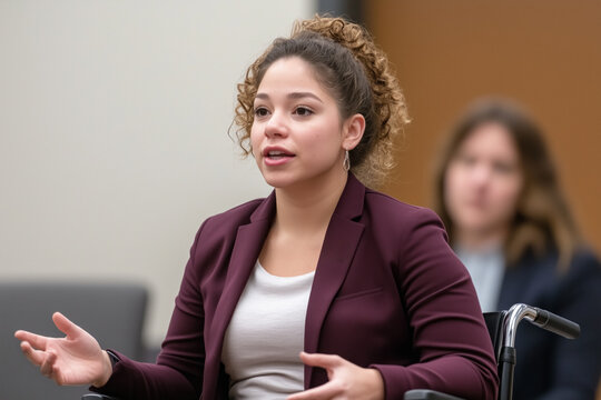 A confident Hispanic woman in a wheelchair during a meeting. Engaged in conversation, she showcases leadership and focus, with a blurred background emphasizing her presence and determination.