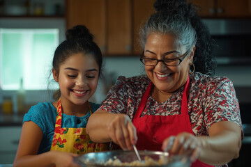 A Latina grandmother and her granddaughter share a joyful moment while cooking together in the kitchen. they happily prepare a meal, emphasizing family traditions, love, and their bond.