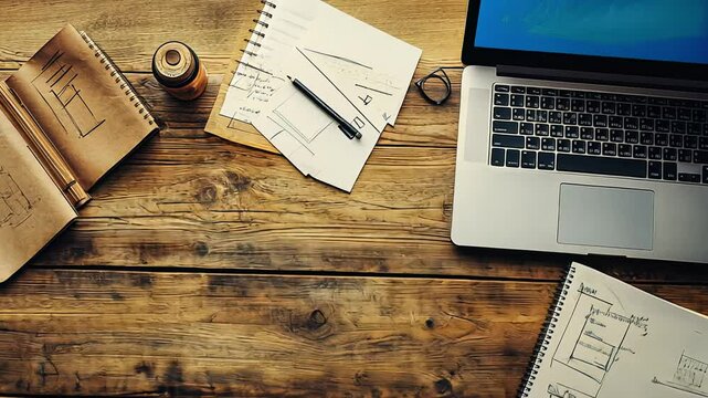 A cozy workspace features a laptop, notebooks filled with sketches, pens, and a warm wooden table creating an inviting atmosphere for creativity and productivity.