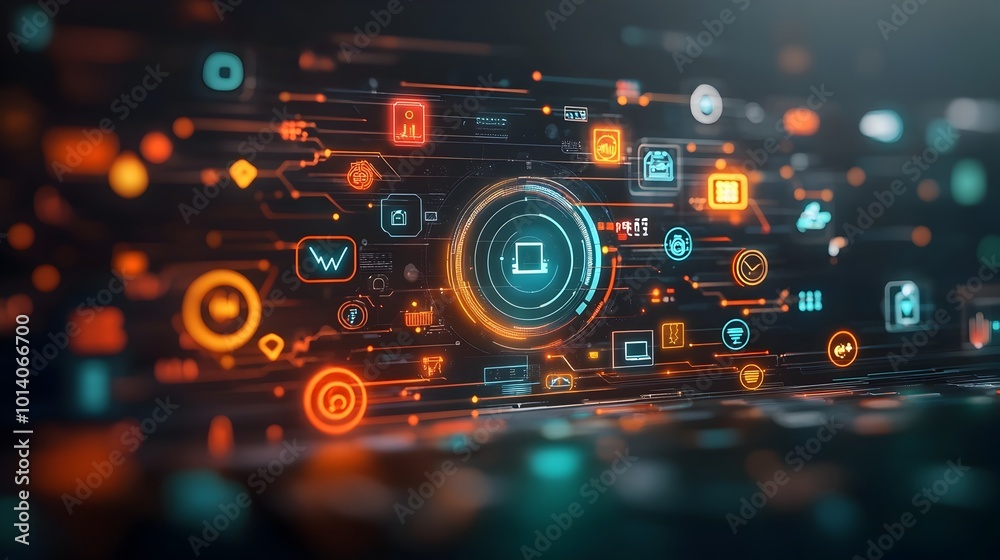 Poster vibrant digital backdrop with overlapping technology icons binary code and futuristic neon lit inter