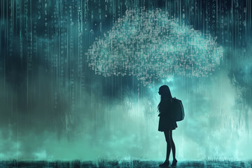 A schoolgirl stands in a rain of mathematics under a glowing cloud, exploring the beauty of knowledge on a mysterious evening