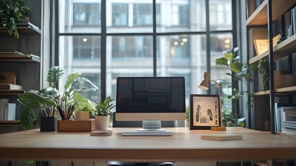 Fototapeta premium Stylish CEO office interior showcasing a well-organized desk with a PC desktop, a shelf near the window, and a mockup frame