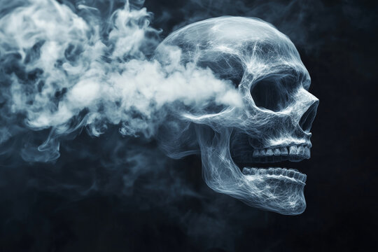 Exploring the dangers of vaping as toxic clouds surround a skull, highlighting the risks to health and air quality