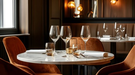 Stylish dining table setup in a chic restaurant, featuring elegant tableware and a warm, inviting ambiance for a memorable dining experience