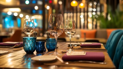 Stylish dining table setup in a chic restaurant, featuring elegant tableware and a warm, inviting ambiance for a memorable dining experience
