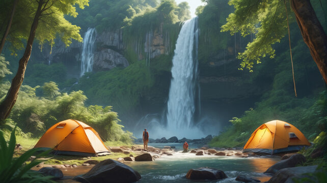 At the foot of a majestic waterfall, hikers pitch their tents amidst lush greenery, lulled to sleep by the soothing sound of cascading water, Generative AI