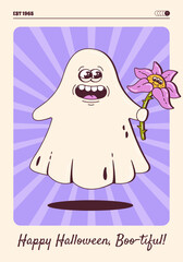 Halloween Poster, Greeting Card With Cute Cartoon Ghost Character. Trendy groovy retro vector illustration.
