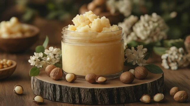 Jar of natural shea butter surrounded by macadamia nuts and white flowers, set on a wooden platform with a nature-inspired, rustic background