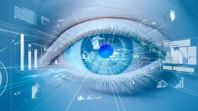 Holographic glowing eyes AI computer vision virtual reality eye eyelid lens augmented projection robot humanoid technology tracking smart digital moving retina iris innovation biotechnology science
