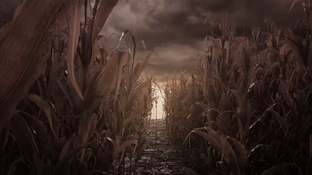 Walking through withered cornfield in front of dramatic sky and sunlight