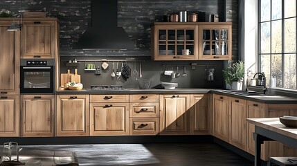 Stylish home kitchen interior with wooden cooking cabinets and a panoramic window, showcasing a modern and elegant cooking space