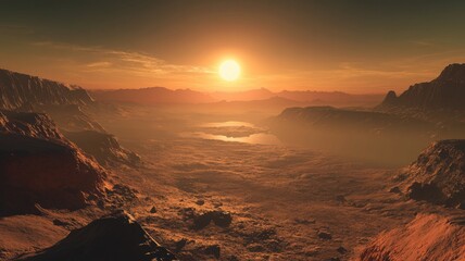 Naklejka premium Majestic sunset over a vast Martian landscape with rugged terrain and distant mountains