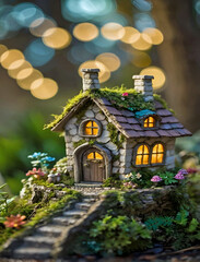 Fototapeta premium Magical Miniature Cottage With Glowing Windows Surrounded By Moss And Colorful Flowers In An Enchanted Fairy Garden Scene