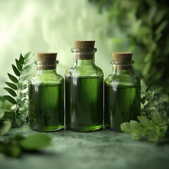 Three glass bottles with green liquid and cork lids, nature backdrop.