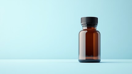 Brown glass medicine bottle with a black label, centered on a light blue background with copy space on both sides.