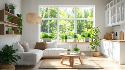Fototapeta premium Stylish home studio interior with distinct relaxing and cooking zones, enhanced by a panoramic window that brings in abundant natural light, creating a bright and inviting atmosphere