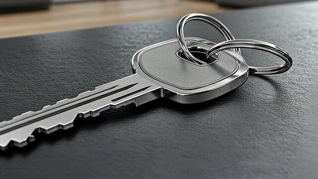A close-up view of a key resting on a smooth tabletop in a stylish, contemporary space, emphasizing everyday objects in a minimalist design.