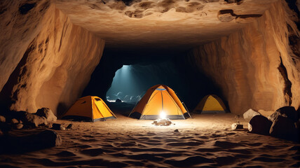 Deep within a cave system, spelunkers set up camp on a sandy floor, their headlamps casting eerie shadows on the walls as they explore the subterranean passages, Generative AI