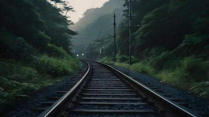 Fototapeta premium A straight railway track runs through lush greenery, fading into a misty backdrop that adds an air of mystery to the serene landscape