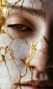 Close-up of a human eye surrounded by cracks and gold veins, symbolizing the Japanese art of Kintsugi, blending imperfection and beauty.