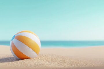 A vibrant beach ball resting on sandy shore with a backdrop of calm ocean waves and clear blue skies.