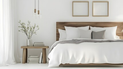 Stylish hotel bedroom interior with a bed, nightstand, and books