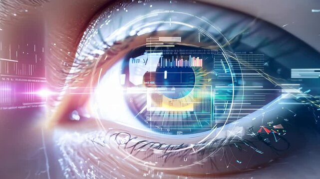 Holographic glowing eyes AI computer vision virtual reality eye eyelid lens augmented projection robot humanoid technology tracking smart digital moving retina iris innovation biotechnology science