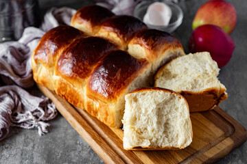 Sweet buns on a gray background. Delicious buns for breakfast. Close-up