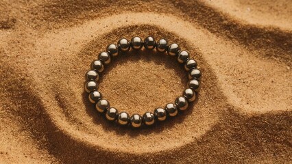Pyrite Beaded Bracelet Displayed on Sand for a Natural, Earthy Aesthetic
