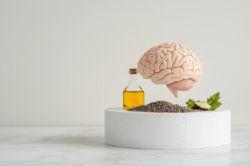 Brain model with healthy ingredients on a minimalist background