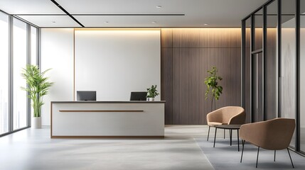 Fototapeta premium Stylish office interior with a reception desk and chill zone, complemented by a panoramic window