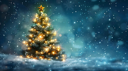Christmas tree with bright golden garland stands in snow on blue background with glitter and snowflakes from copy space