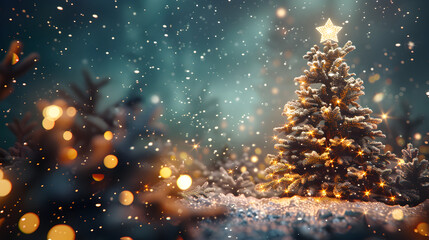 Naklejka premium Christmas tree with bright golden garland stands in snow on blue background with glitter and snowflakes from copy space