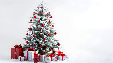 Christmas tree decorated with red Christmas balls with gifts on clean white background with copy space, Christmas sale banner with place for text
