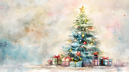 Obraz premium Christmas tree with gifts in watercolor style on multicolored background with copy space, base for Christmas card with place for text