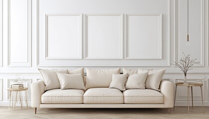 Three blank white picture frames hanging on the wall of an elegant living room with a beige sofa, modern interior design