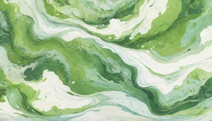 A tranquil marbled paper design with soft greens and whites, evoking the calmness of nature and the gentle flow of a river, Generative AI