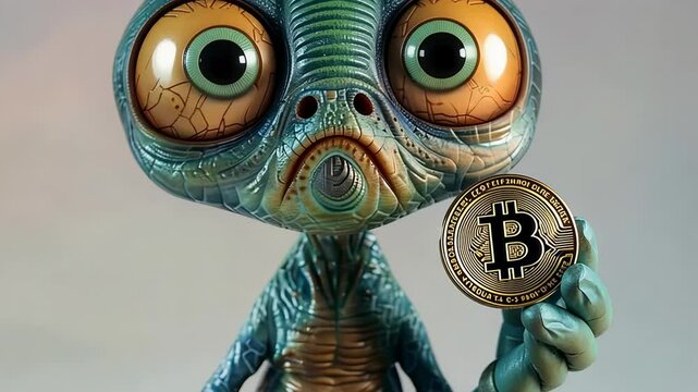 A charming alien character showcases funny facial expressions as it curiously holds a bitcoin coin, bringing a playful twist to the concept of digital currency.