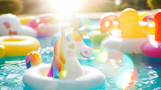 A vibrant, multicolored inflatable unicorn floats in a clear blue pool on a sunny day. The setting suggests playful summer vibes, with various other inflatables adding to the fun atmosphere. Perfect
