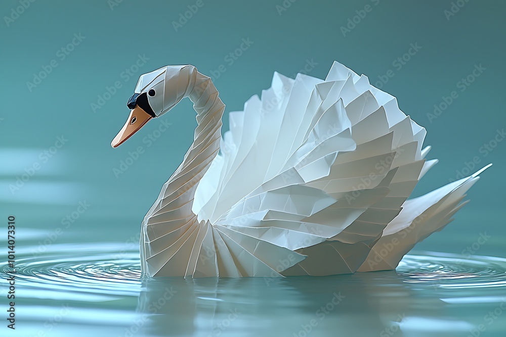 Wall mural folded origami swan with sleek smooth lines floating on a reflective surface with soft ripples sprea