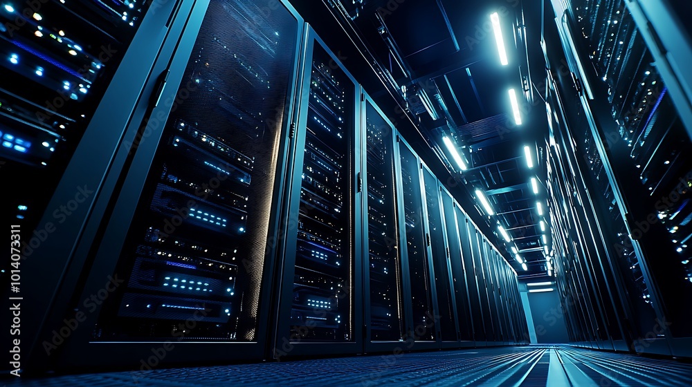 Poster a row of server racks in a data center, lit by bright fluorescent lights.