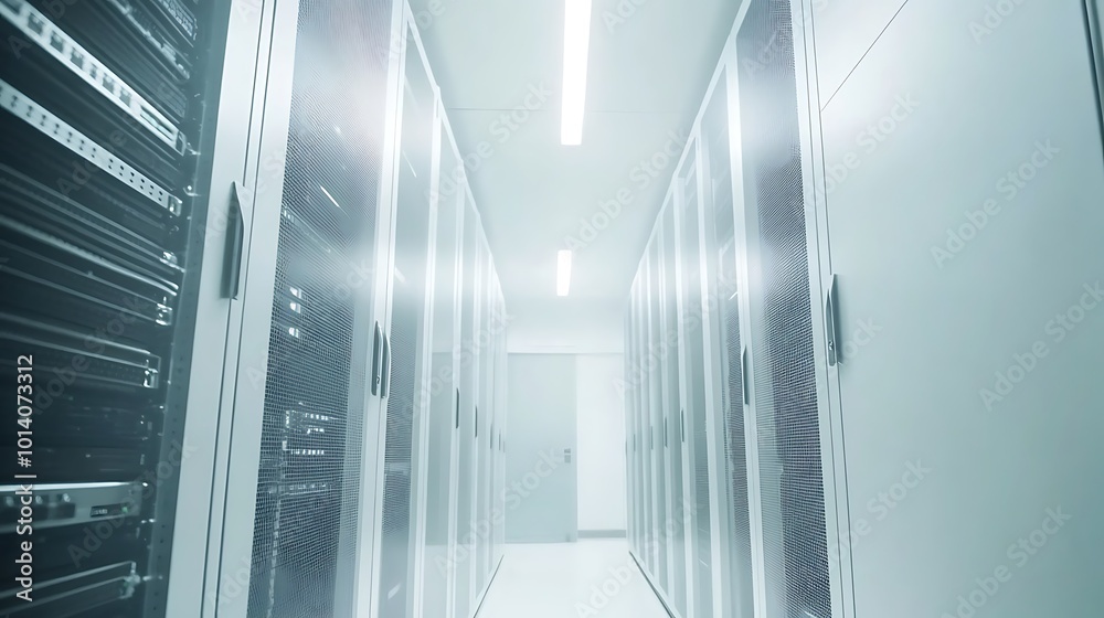 Poster A server room with rows of server racks and a white tiled floor.