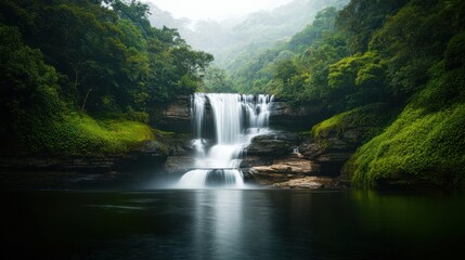 Fototapeta premium Lush Green Rainforest Waterfall with Misty Background