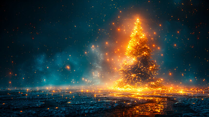 Fototapeta premium Under a starry sky, a stunning Christmas tree glows brightly, adorned with shimmering garlands, inviting warmth and holiday cheer to the chilly evening. Copy space